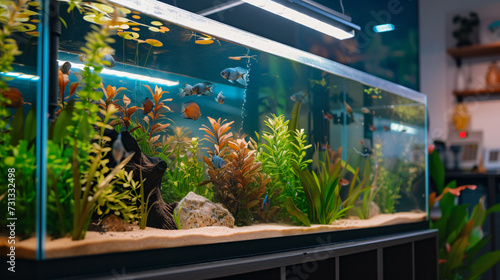 An immaculate and spacious fish tank mockup, perfect for creating stunning aquarium setups. The tank's crystal-clear clarity enhances the visual appeal, allowing fish and aquatic plants to s