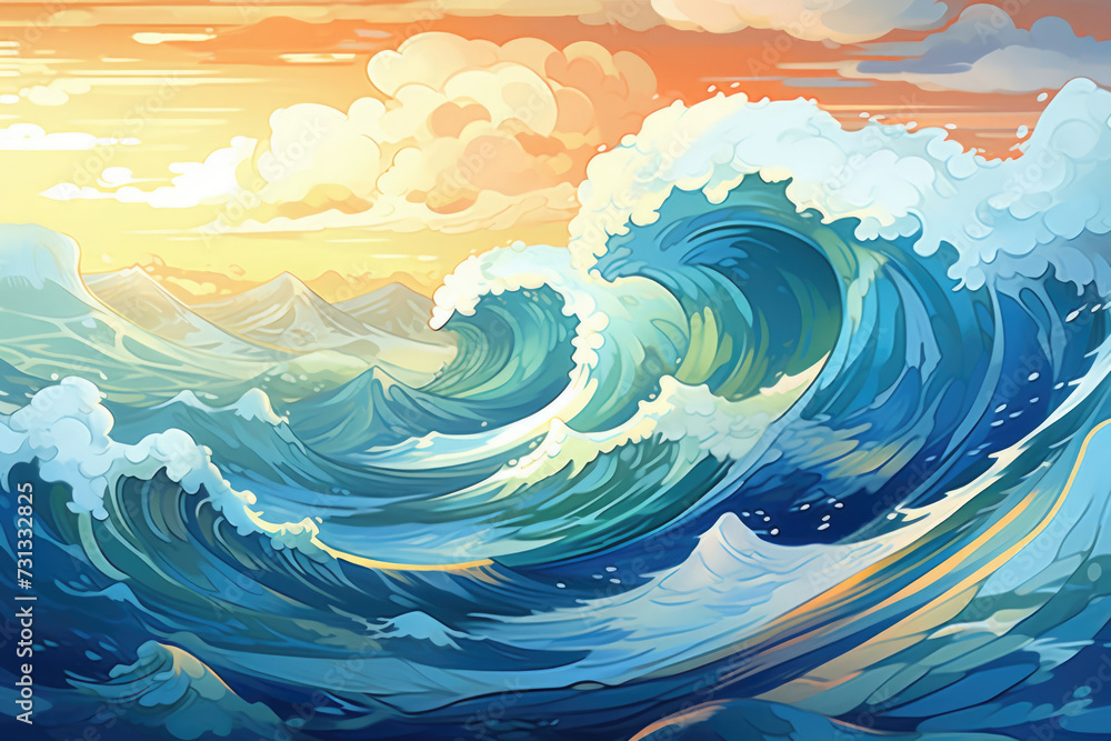 illustration, painting of beautiful waves with foam on the blue sea illustration, painting of beautiful waves with foam on the blue sea