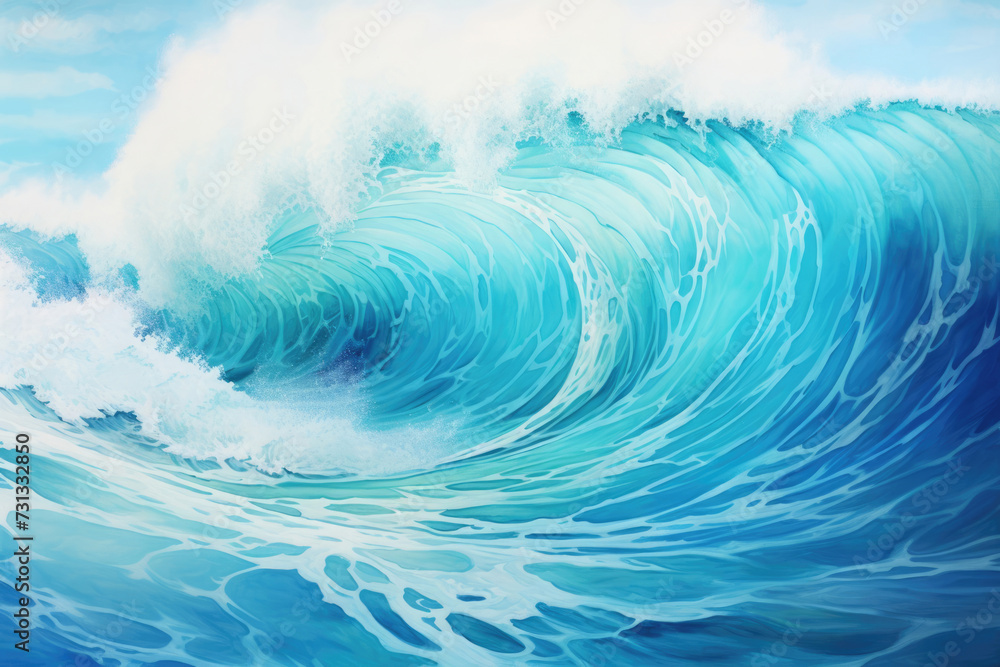 Blue ocean wave with white foam and splashes. 