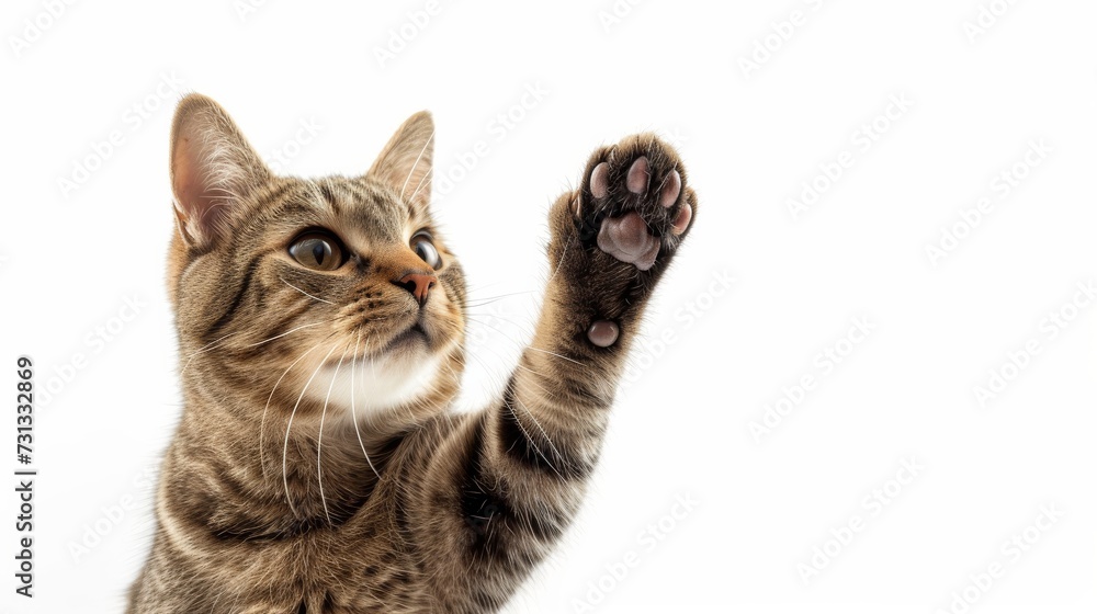 Obraz premium A graceful tabby cat displays its regal stature with a raised paw, exuding confidence and elegance in every step