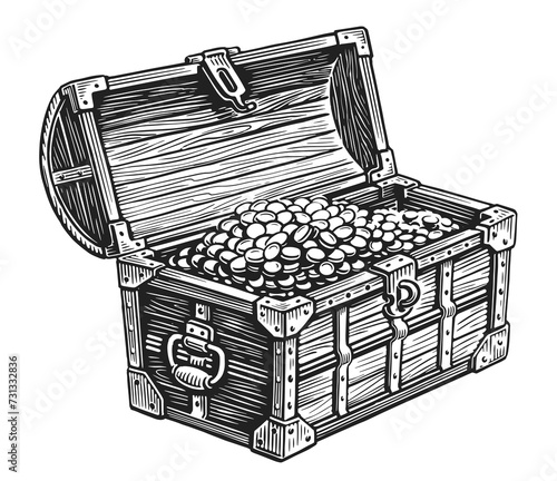 Wooden pirate chest full of treasures of gold coins. Hand drawn sketch vector illustration