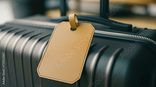 Showcase your travel accessory designs with this eye-catching mockup featuring an empty luggage tag on a sleek suitcase. The tag's high-quality material and unique shape add a touch of style photo