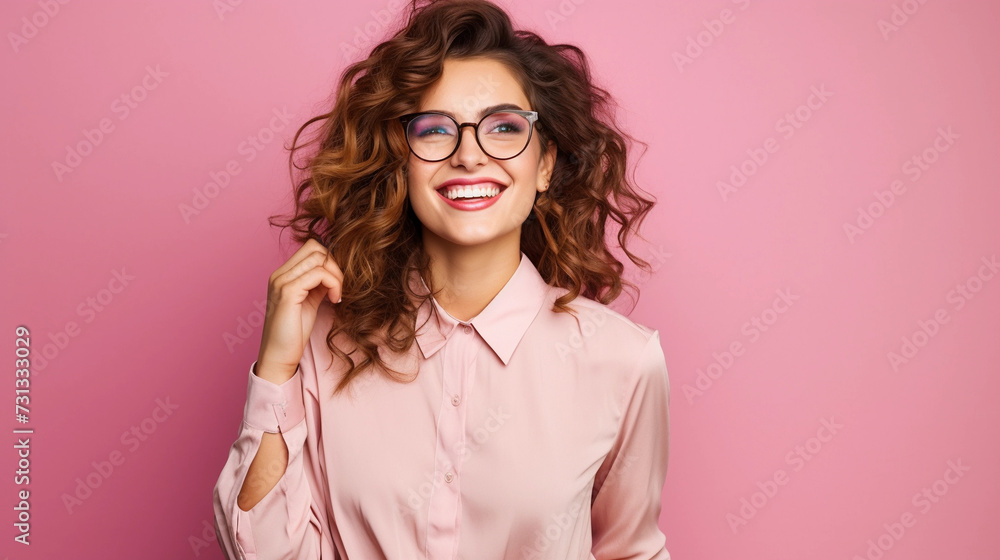 smiling girl with glasses against pink background