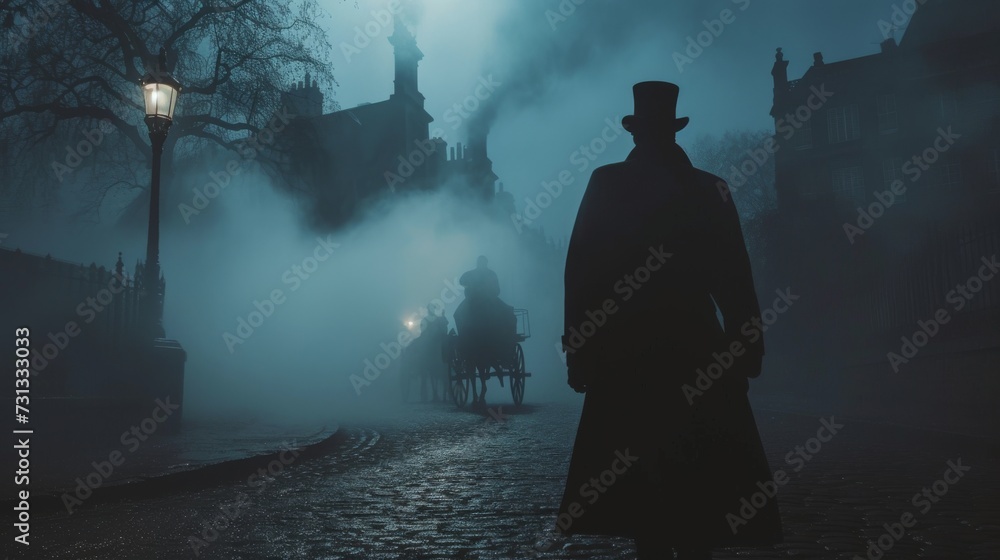 A mysterious figure in a top hat strides through the foggy winter streets, surrounded by horse-drawn carriages and the looming silhouettes of trees, their elegant clothing blending into the misty sur - obrazy, fototapety, plakaty 