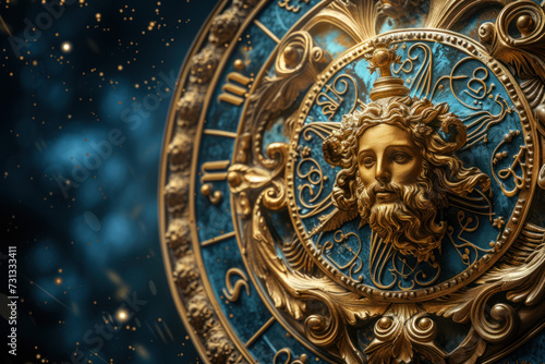 Gemini zodiac sign against horoscope wheel. Astrology calendar. Esoteric horoscope and fortune telling concept.