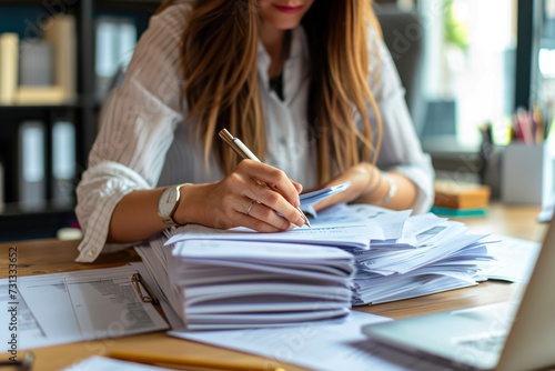 businesswoman working on a proposal  with a stack of papers on the desk