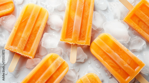 Beautiful, fruity yellow ice cream on a stick; monochrome background, with ice cubes summer colors