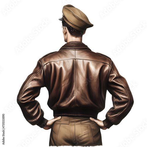 Rear view of World War 2 (WW2) US American Bomber Pilot aircrew wearing leather bomber flight jacket and khaki crusher with hands on hips on transparent background photo