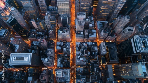 The bustling metropolis gleams with towering skyscrapers, creating a mesmerizing cityscape as seen from an aerial view, showcasing the circuit of life within its busy streets and endless buildings © ChaoticMind