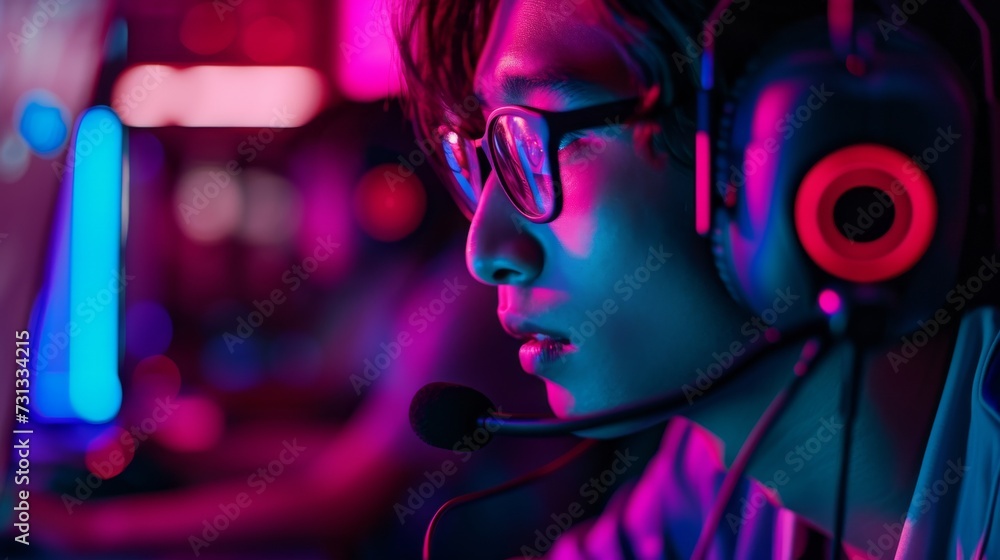 A human face adorned with magenta and violet hues, lit up by the glow of a microphone and headphones, creating a beautiful symphony of art and music A human face adorned with magenta and violet hues, lit up by the glow of a microphone and headphones, creating a beautiful symphony of art and music