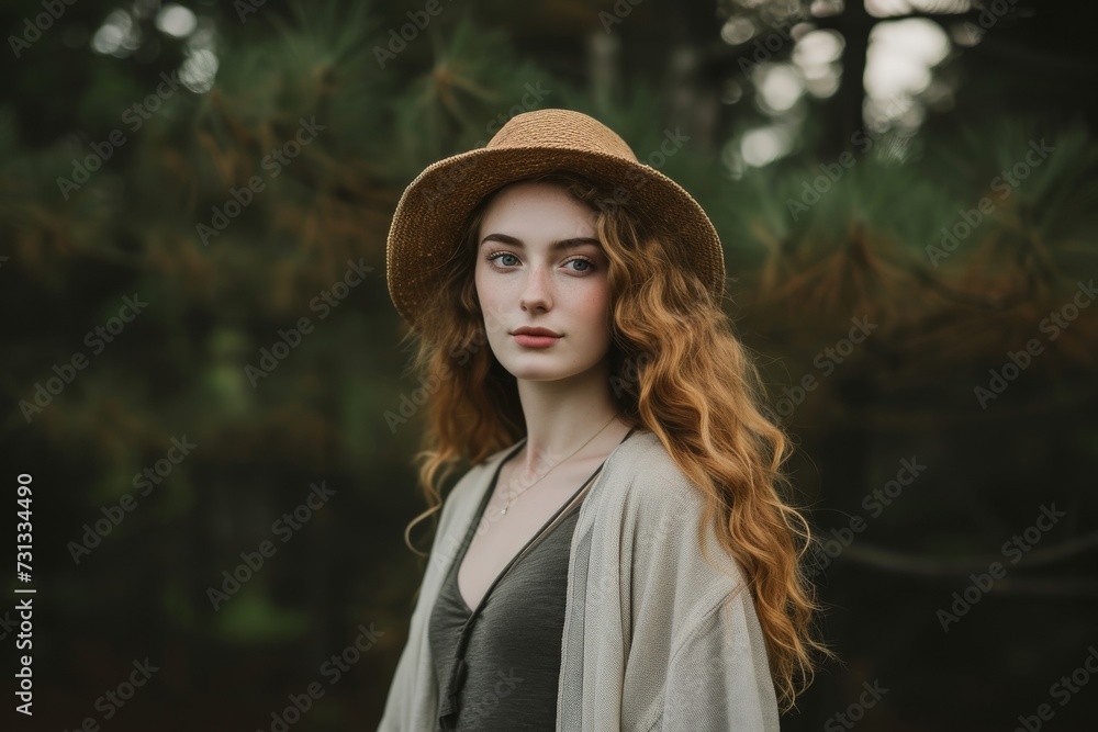 A fiery-haired woman exudes effortless style as she stands gracefully in a sun-dappled forest, adorned with a chic hat and radiating confidence in her outdoor portrait