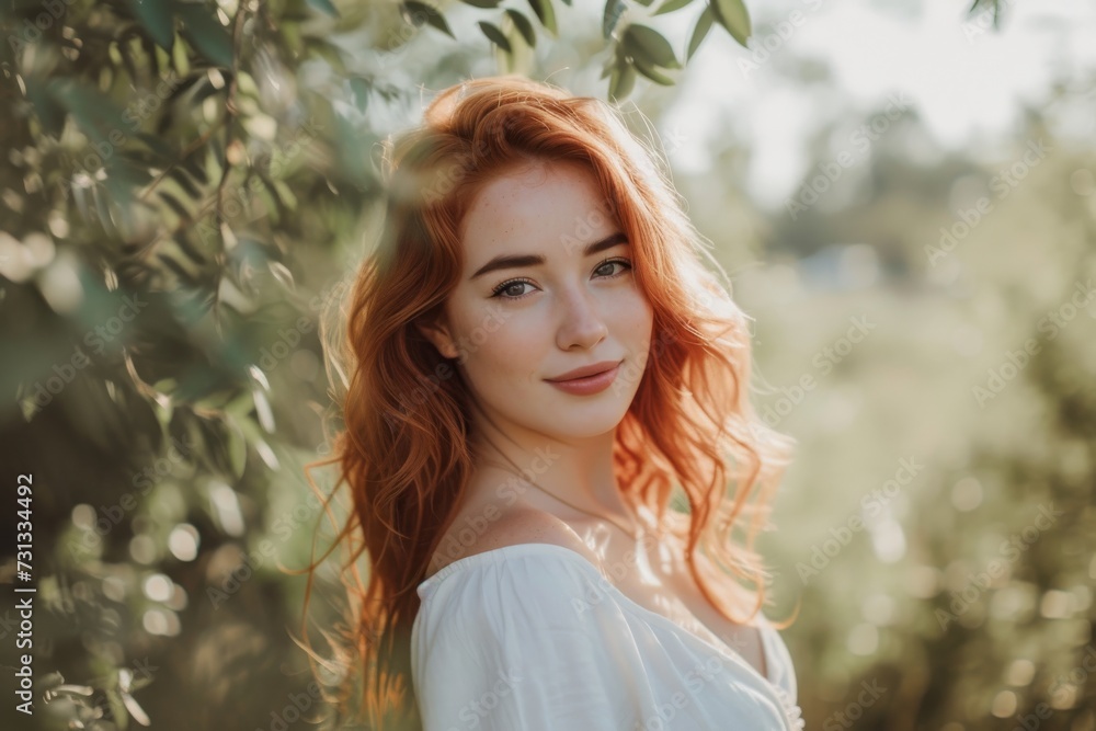 A vibrant woman with flowing red hair stands amongst the trees, radiating confidence and beauty as she poses for a portrait in the great outdoors A vibrant woman with flowing red hair stands amongst the trees, radiating confidence and beauty as she poses for a portrait in the great outdoors