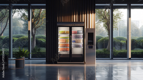 Modern, sleek vending machine mockup in a bustling public space, highlighting its spacious design and ample branding panel for promotional messages. photo