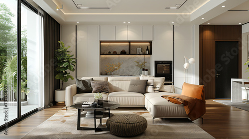 A modern living room, beautifully adorned by an expert interior designer, showcases contemporary home decor and impeccable style. The room features clean lines, minimalist furniture, and a t