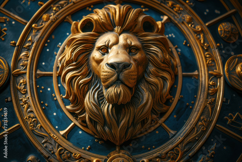 Leo zodiac sign against horoscope wheel. Astrology calendar. Esoteric horoscope and fortune telling concept. © Serega