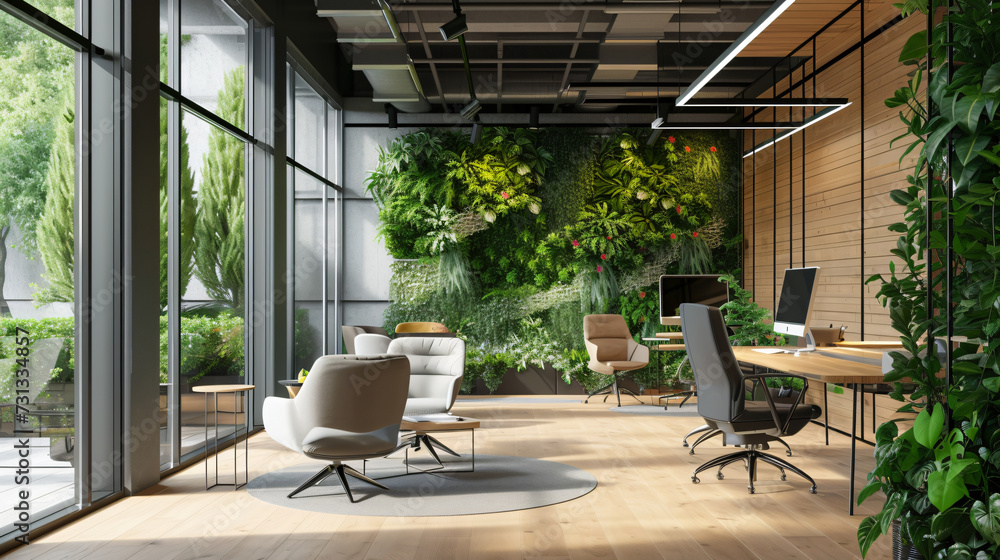 A modern office space that embraces nature with biophilic design, featuring vibrant green walls and ample natural light to create a calm and productive environment.
