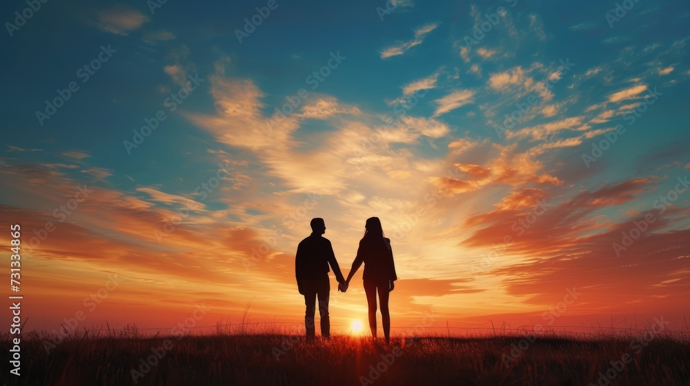 A couple stands in a golden field, their hands intertwined as they bask in the warm glow of the setting sun, a serene and romantic moment amidst the vastness of nature