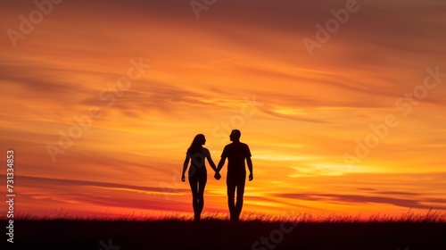 Wallpaper Mural Two lovers stand hand in hand, their silhouettes backlit by the warm afterglow of the setting sun, as they bask in the beauty of nature's evening sky Torontodigital.ca