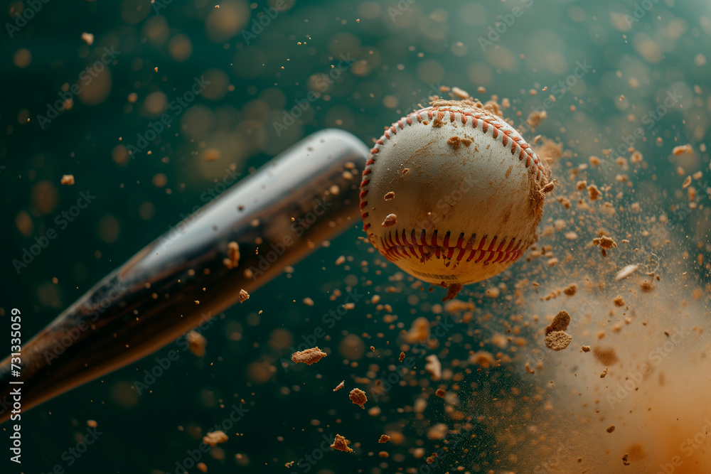 A baseball player hits the ball furiously in the stadium, close-up view A baseball player hits the ball furiously in the stadium, close-up view