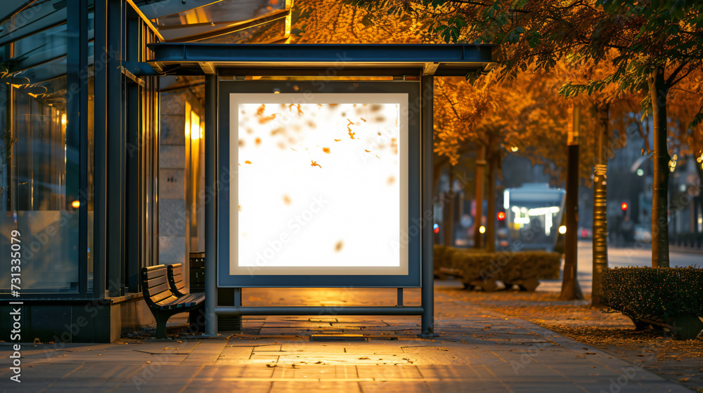 A bustling city street captured on a sunny day with an empty bus stop shelter, ready to showcase an outdoor advertising mockup. The vibrant surroundings and diverse people create an enticing - obrazy, fototapety, plakaty 