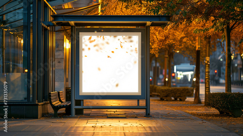A bustling city street captured on a sunny day with an empty bus stop shelter, ready to showcase an outdoor advertising mockup. The vibrant surroundings and diverse people create an enticing photo