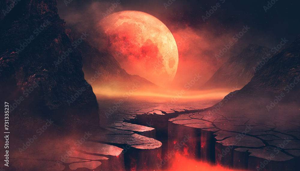 Fantasy mountain landscape, large crack in the ground, lava, big red moon, global warming of the planet.