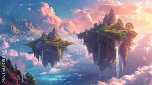 An ethereal landscape painted in vibrant anime hues, where trees sway in the breeze atop floating islands amidst a sea of clouds and a cascading waterfall, evoking a sense of wonder and tranquility i © ChaoticMind