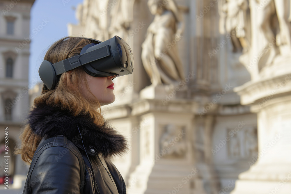 A stylish woman immerses herself in the bustling cityscape, adorned in a chic outdoor jacket and sunglasses, her face lit up by the virtual reality headset as she stands beside a statue, donning a fa A stylish woman immerses herself in the bustling cityscape, adorned in a chic outdoor jacket and sunglasses, her face lit up by the virtual reality headset as she stands beside a statue, donning a fa
