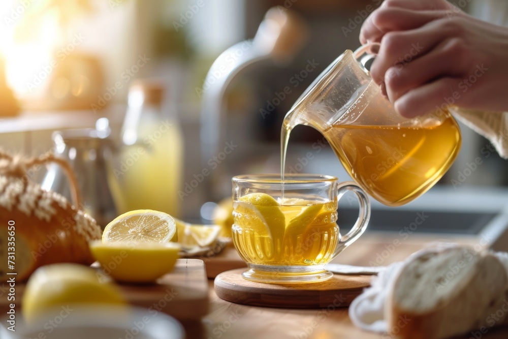 A person carefully pours citrus-infused tea into a vibrant orange cup, adding a refreshing touch to their indoor table setting A person carefully pours citrus-infused tea into a vibrant orange cup, adding a refreshing touch to their indoor table setting