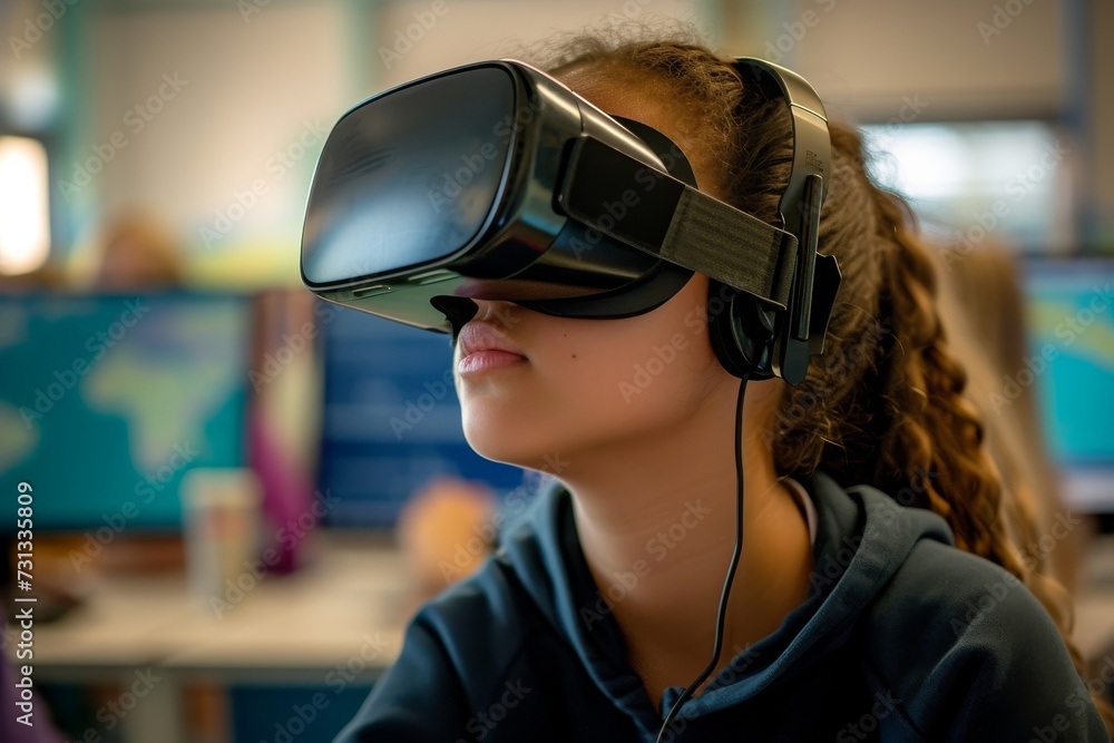 A young girl immerses herself in a virtual world, her face adorned with futuristic eyewear and headphones, adding a touch of fashion to the indoor setting A young girl immerses herself in a virtual world, her face adorned with futuristic eyewear and headphones, adding a touch of fashion to the indoor setting