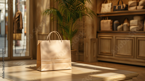 A sophisticated and elegant shopping bag mockup in a luxurious boutique environment  showcasing the remarkable quality of its plain material. This high-end bag is perfect for showcasing your