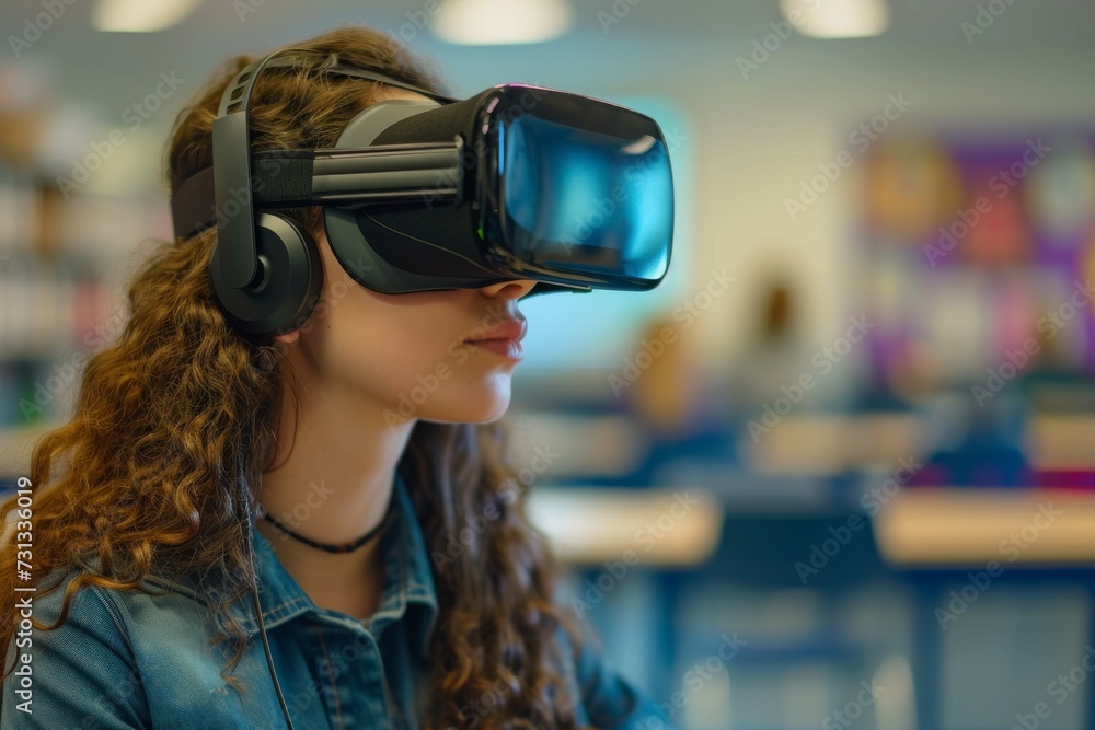 A stylish lady embraces technology as she dons a vr headset, combining fashion and innovation with her human face adorned in spectacles and headphones A stylish lady embraces technology as she dons a vr headset, combining fashion and innovation with her human face adorned in spectacles and headphones