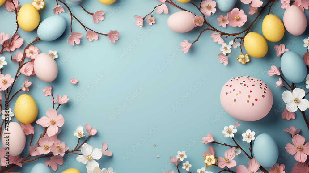Easter eggs and beautiful pink flowers on blue background. Frame. Top view. Copy space. Easter eggs and beautiful pink flowers on blue background. Frame. Top view. Copy space.