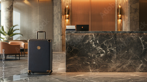 A sleek and sophisticated upscale suitcase mockup takes center stage in a luxurious hotel lobby, highlighting its exquisite design and unrivaled durability. Perfect for discerning travelers photo
