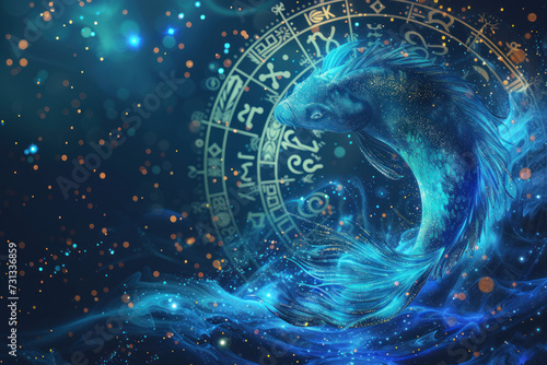 Pisces zodiac sign against horoscope wheel. Astrology calendar. Esoteric horoscope and fortune telling concept.