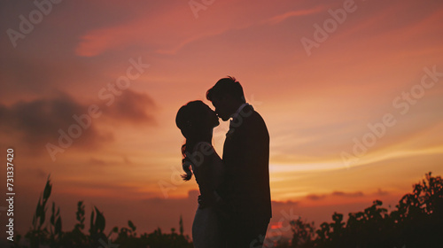 A breathtaking sunset creates a romantic backdrop for an intimate moment between two lovers, as they share a gentle and heartfelt kiss beneath the colorful sky.