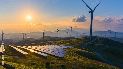 Nature's renewable energy canvas painted with wind turbines and solar panels on a rolling hill, capturing the breathtaking beauty of the sunrise and sunset against the backdrop of the mountains