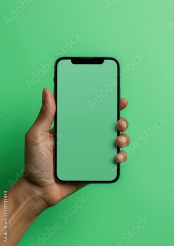 hand holding smartphone mockup with green screen, minimalist editorial aesthetic