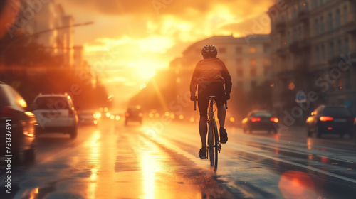 A silhouette of a man riding a bicycle against the background of the evening city.