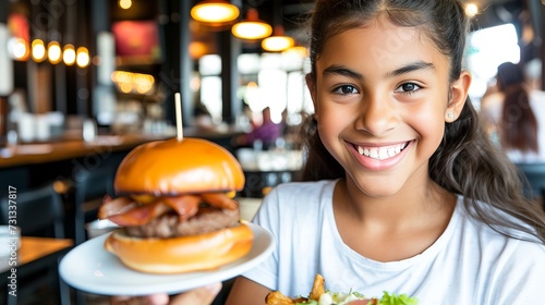 Happy preteen enjoying a cheeseburger in a restaurant with blurred background and copy space