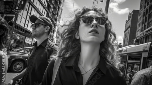 A stylish woman with sunglasses and a man standing in the street, captured in a monochrome snapshot, embodying the essence of street fashion and urban style while a land vehicle and building serve as
