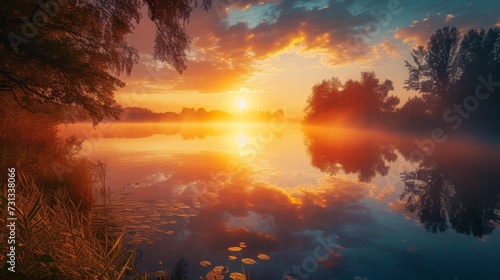A serene morning at the lake, with the trees reflecting in the calm water as the sun rises and the clouds light up the sky with a golden afterglow