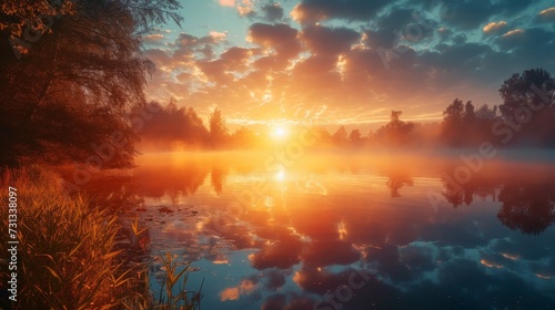 A serene morning scene as the sun rises over a misty lake, casting a warm glow on the tranquil waters and surrounding trees, creating a peaceful and picturesque landscape