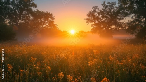 A serene morning in a misty field, with trees and flowers basking in the golden light of the rising sun