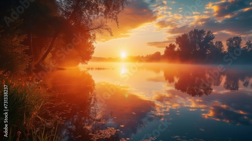 As the sun dips below the horizon  the serene lake reflects the stunning sky  creating a tranquil outdoor landscape bathed in warm morning sunlight