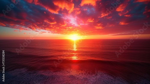 Nature's evening masterpiece, a serene sunset over the ocean with fiery red hues illuminating the sky, creating a peaceful afterglow as the heat of the day gives way to the calm of dusk