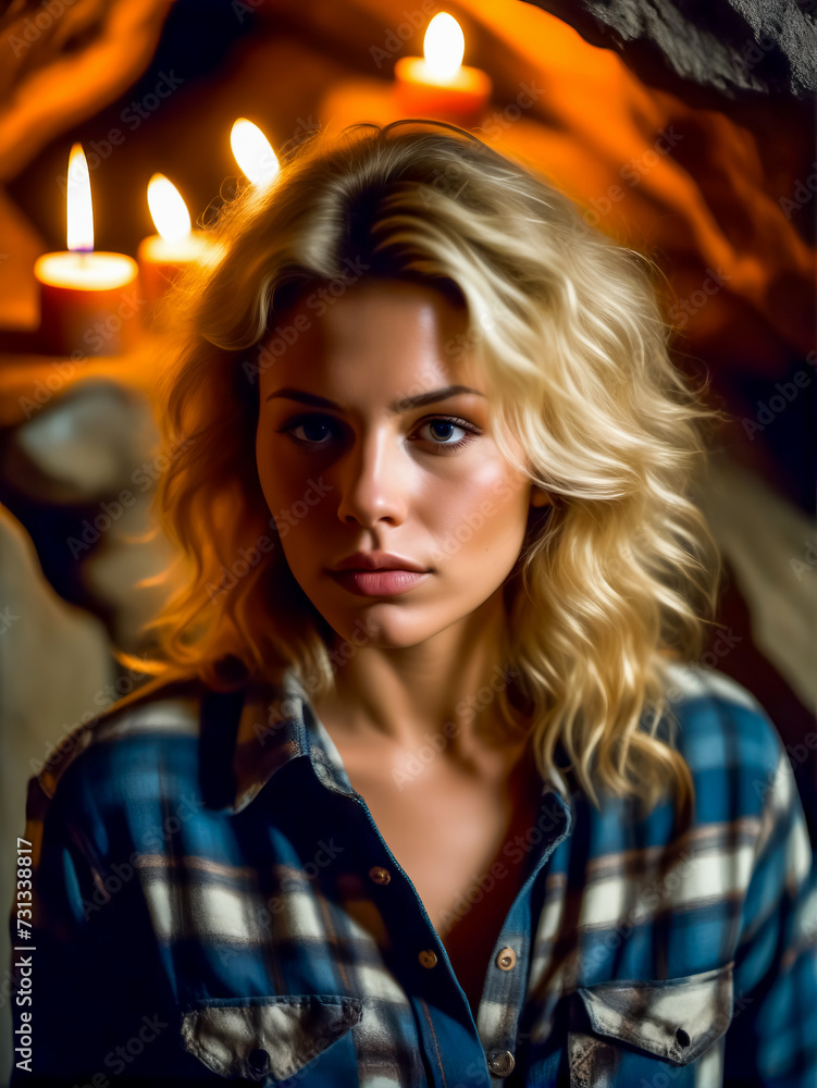 Woman with blonde hair wearing plaid shirt and looking at the camera. Woman with blonde hair wearing plaid shirt and looking at the camera.
