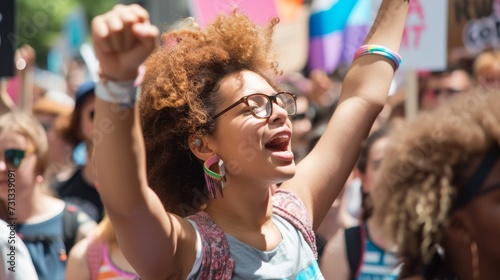 A joyful woman stands in the midst of a vibrant block party, her arms raised in celebration as she smiles through her trendy sunglasses, surrounded by a diverse crowd and wearing stylish clothing and photo