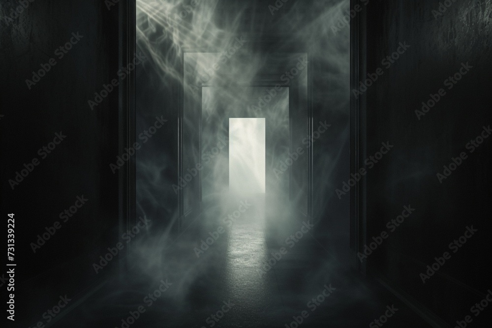 Generative AI illustration of dark empty hall with smoke - obrazy, fototapety, plakaty 
