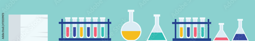Laboratory equipment flat design illustration. Science experiment with test tubes, beakers, and flasks. Chemical, research graphic colorful, liquids - obrazy, fototapety, plakaty 